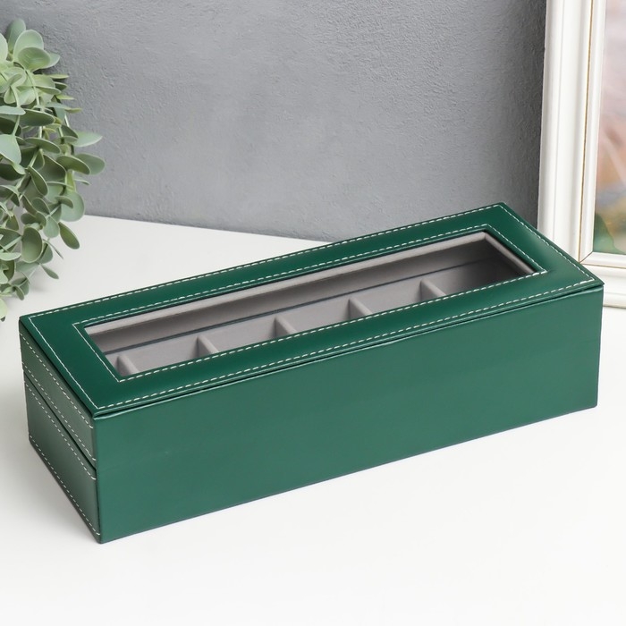 Шкатулка кожзам под часы 6 отделений  Шкатулка кожзам под часы 6 отделений "Зелёная с белой строчкой" 8х30х11 см