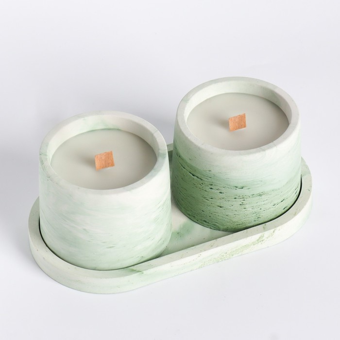 Свечи в бетоне на подставке  Свечи в бетоне на подставке "Лофт", соевый воск, деревянный фитиль, бело-зеленая