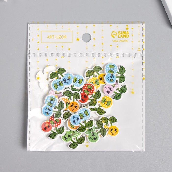 Пуговицы дерево для творчества 2 прокола Пуговицы дерево для творчества 2 прокола "Вишенки с бантиком" набор 20шт 1,9х1,9х0,2 см МИКС