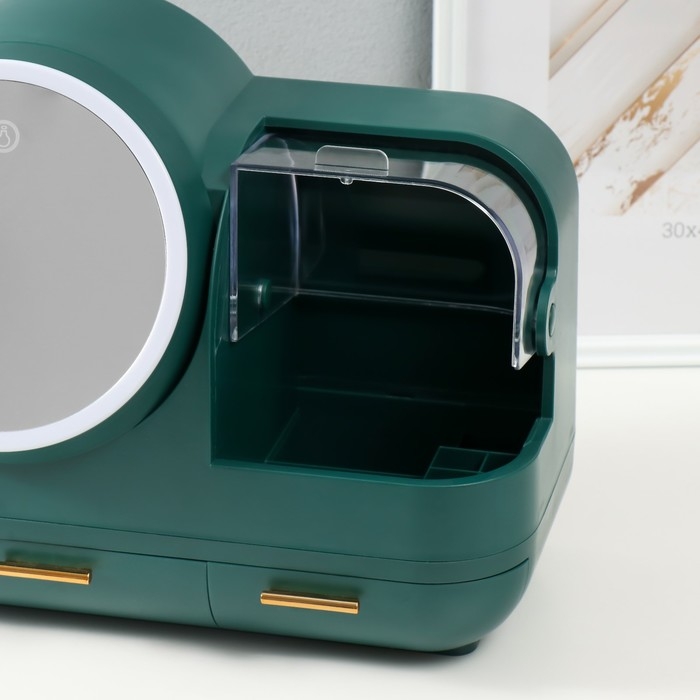 Шкатулка для косметики пластик, зеркало с подсветкой Шкатулка для косметики пластик, зеркало с подсветкой "Тёмно-зелёная" 37,5х22х31 см