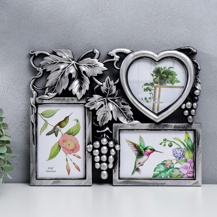 Фоторамка пластик на 3 фото 10х15, 13х13 см  Фоторамка пластик на 3 фото 10х15, 13х13 см "Виноград" тёмное серебро 26х33 см