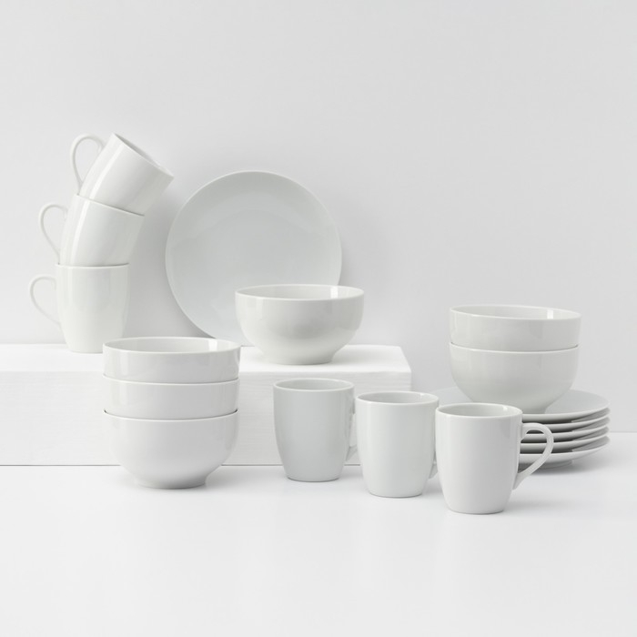 Набор фарфоровой посуды «Универсальный», 18 предметов: тарелка плоская d=20 см, пиала 650 мл, кружка 300 мл Набор фарфоровой посуды «Универсальный», 18 предметов: тарелка плоская d=20 см, пиала 650 мл, кружка 300 мл