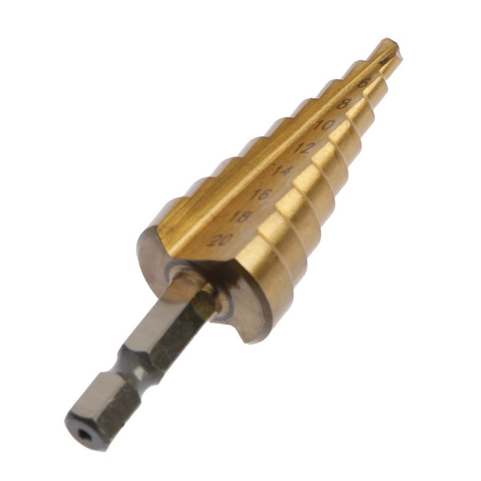 Сверло ступенчатое ТУНДРА, HSS, TiN, шестигранный хвостовик, 4 - 20 мм Сверло ступенчатое ТУНДРА, HSS, TiN, шестигранный хвостовик, 4 - 20 мм
