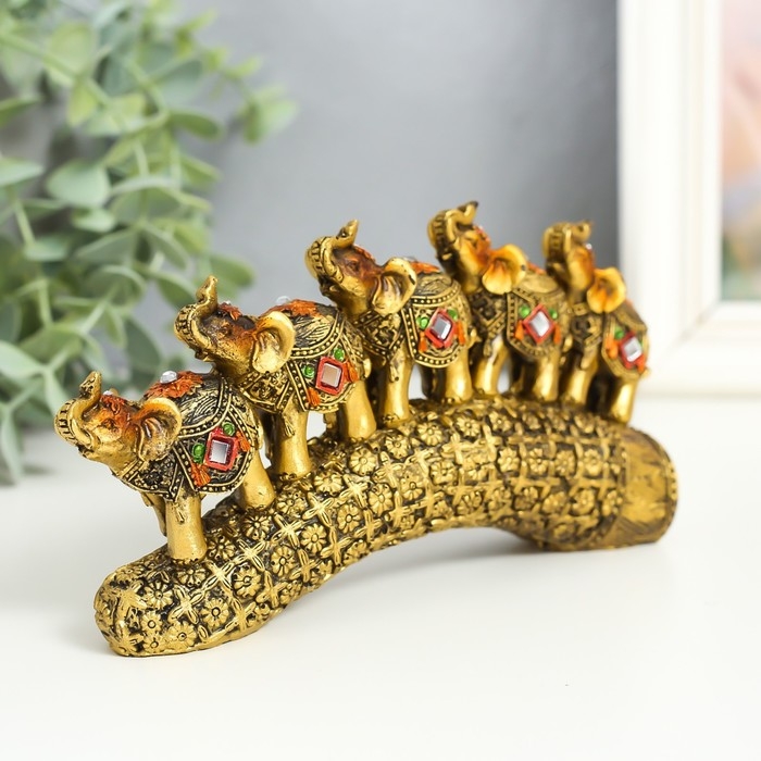 Сувенир полистоун Сувенир полистоун "Пять слонов на бивне с цветами" бронза 17х4х8 см