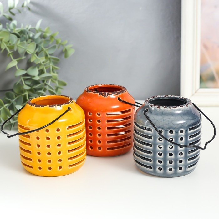 Подсвечник керамика на 1 свечу Подсвечник керамика на 1 свечу "Фонарь. Полосы и точки" МИКС 8х8х9 см