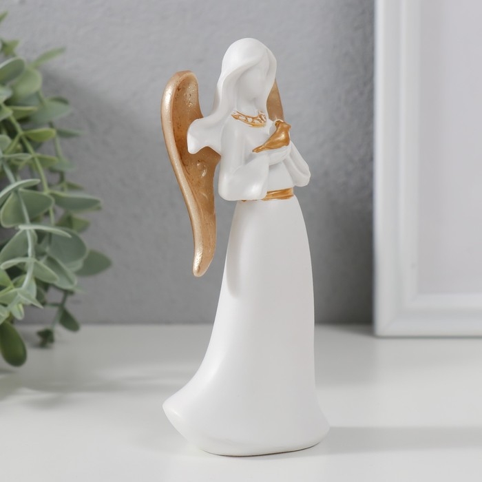 Сувенир полистоун Сувенир полистоун "Ангел-дева с птичкой" белый с золотом 13,5х4,2х6,5 см