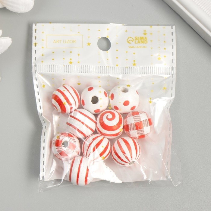 Бусины дерево для творчества "Круглые. Красные узоры на белом" d=1,6 см набор 10 шт