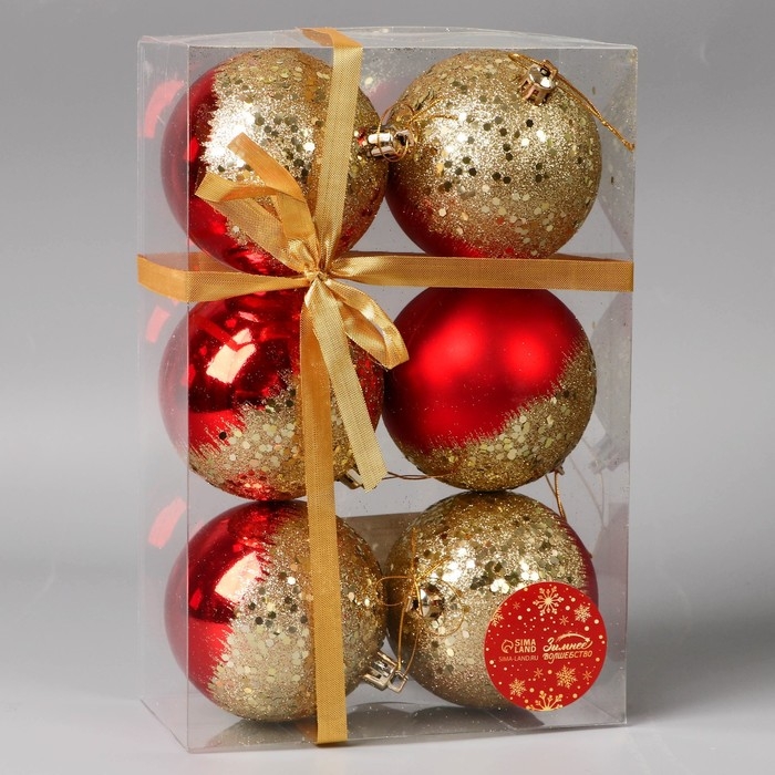 Набор шаров пластик d-8 см, 6 шт Набор шаров пластик d-8 см, 6 шт "Волшебство" красный