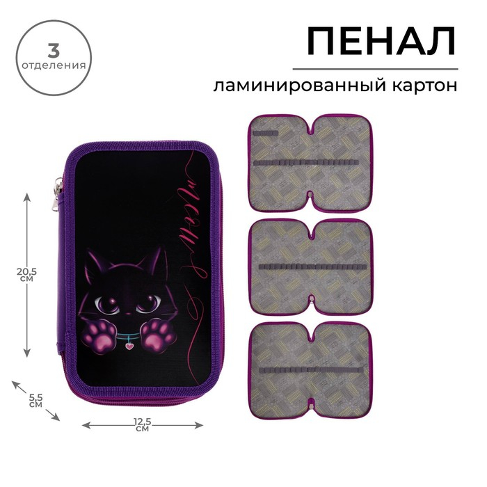Пенал 3 секции, 125 х 205 х 55 мм, Calligrata 30П26/3 Пенал 3 секции, 125 х 205 х 55 мм, Calligrata 30П26/3 "Котик", ламинированный картон