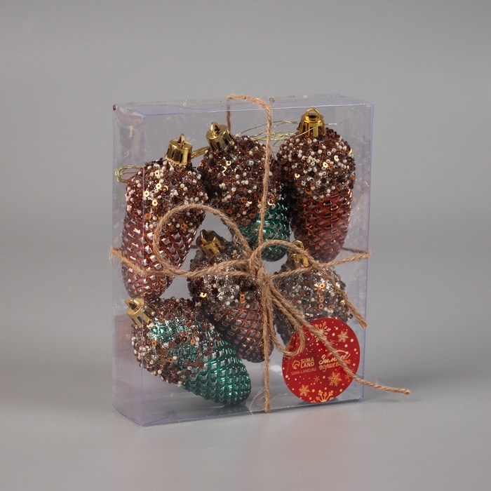 Украшение ёлочное Украшение ёлочное "Шишка Феерия" (набор 6 шт) 8х3,5 см, зелёно-золотой