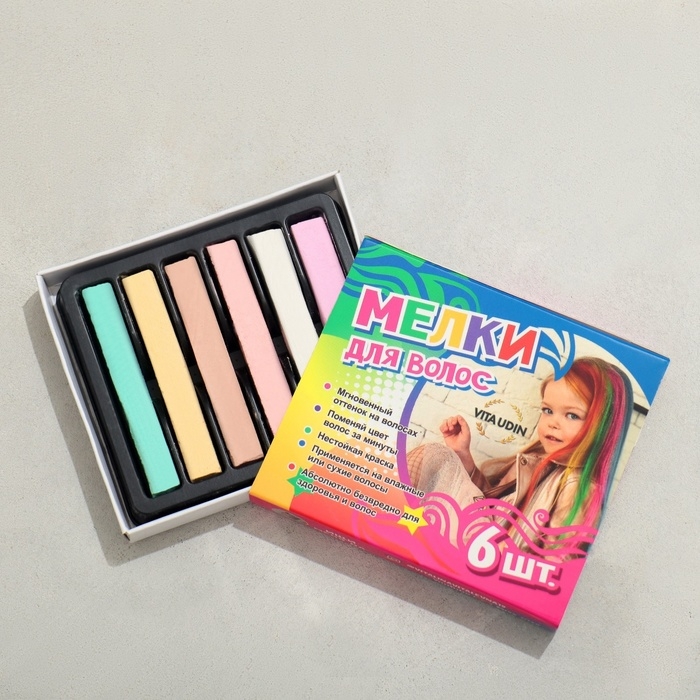 Набор мелков для волос, 6 шт. Цвета: салатовый, желтый, умбра, красный, белый, маджента Набор мелков для волос, 6 шт. Цвета: салатовый, желтый, умбра, красный, белый, маджента