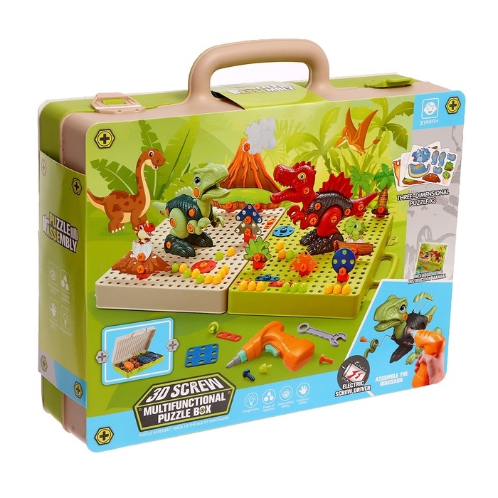 Конструктор винтовая мозаика «Диномир», с электрическим шуруповёртом, 212 деталей Конструктор винтовая мозаика «Диномир», с электрическим шуруповёртом, 212 деталей