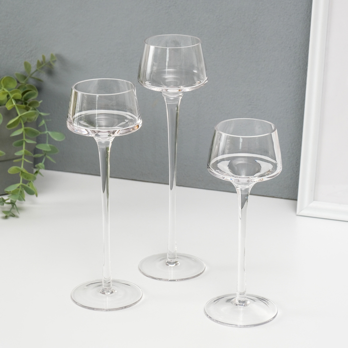 Подсвечник стекло набор 3 шт "Вуаль" высота 26см, 23 см, 20 см прозрачный