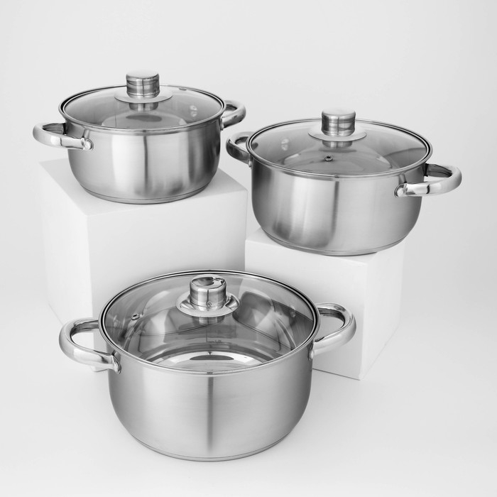 Набор кастрюль из нержавеющей стали Доляна «Гретте», 3 предмета: 2,3 л, 3,2 л, 4,2 л, крышки Набор кастрюль из нержавеющей стали Доляна «Гретте», 3 предмета: 2,3 л, 3,2 л, 4,2 л, крышки