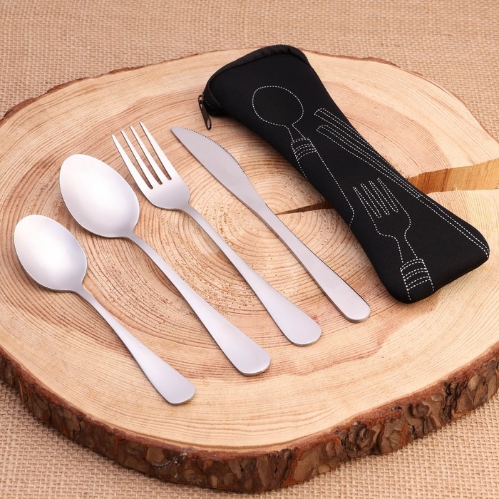 Набор туристический в чехле, вилка, ложка, нож, чайная ложка Набор туристический в чехле, вилка, ложка, нож, чайная ложка