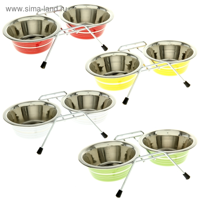 Набор: миска двойная цветная с полосой на подставке VM-3000(G), 2*360 мл Набор: миска двойная цветная с полосой на подставке VM-3000(G), 2*360 мл