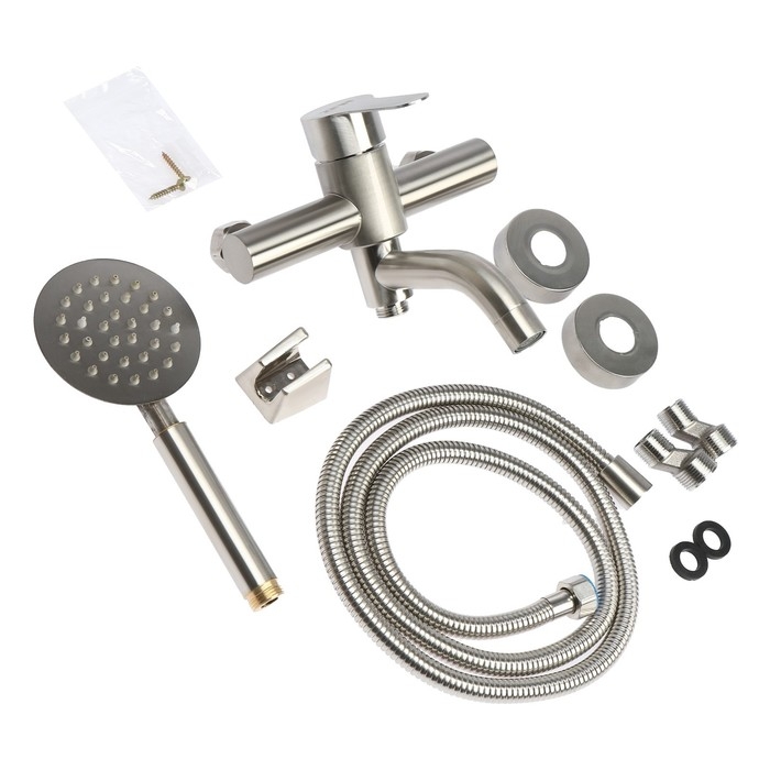 Смеситель для ванны ZEIN Z3489, изогнутый излив, душевой набор, нержавеющая сталь, сатин Смеситель для ванны ZEIN Z3489, изогнутый излив, душевой набор, нержавеющая сталь, сатин