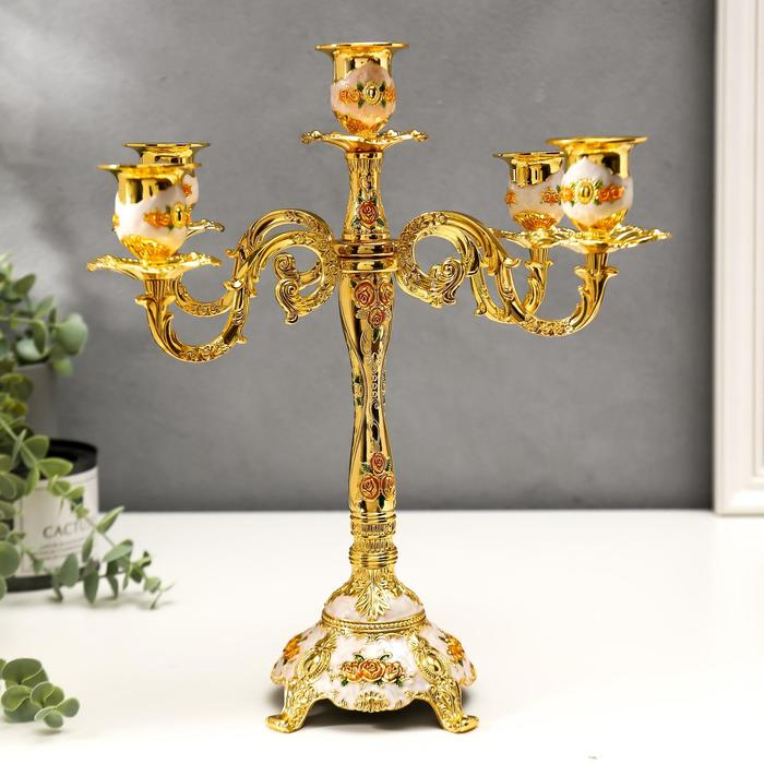 Подсвечник металл на 5 свечей Подсвечник металл на 5 свечей "Розы. Белая эмаль" цвет золото 32х30х30 см