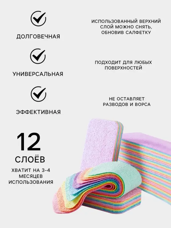 Салфетка многослойная для уборки из микрофибры MicroPVA, 12&times;7 см, 12 слоев