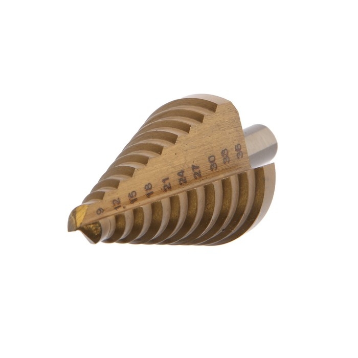 Сверло ступенчатое ТУНДРА, HSS, TiN, трехгранный хвостовик, 9 - 36 мм Сверло ступенчатое ТУНДРА, HSS, TiN, трехгранный хвостовик, 9 - 36 мм