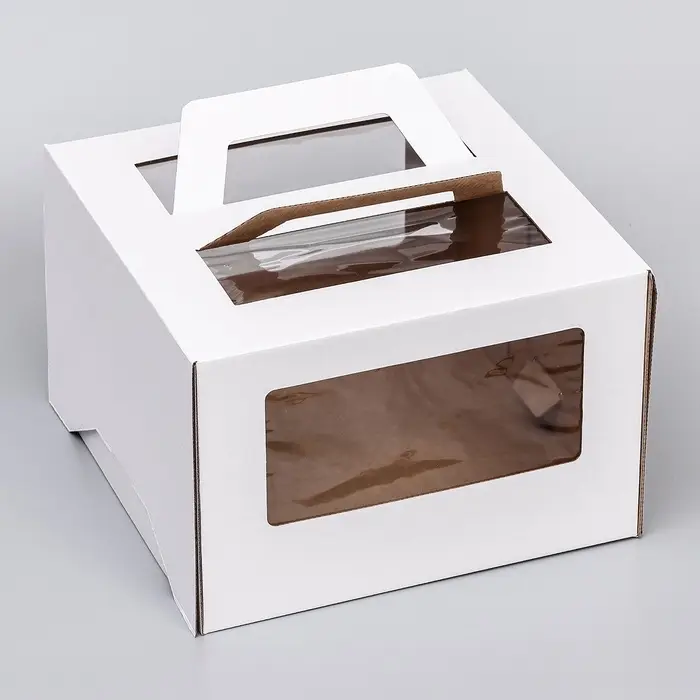 Коробка под торт 2 окна, с ручками, белая, 30&times;30&times;20 см