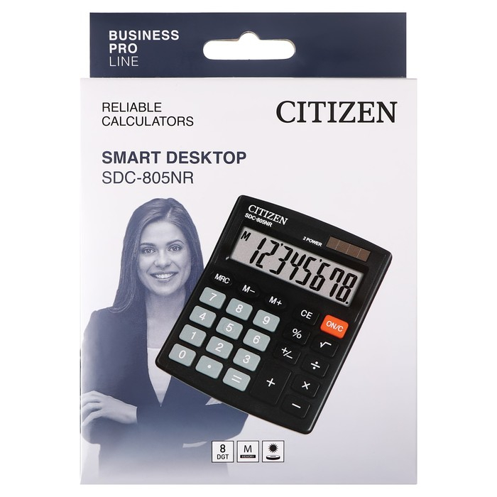 Калькулятор настольный Citizen  Калькулятор настольный Citizen "SDC-805NR", 8-разрядный, 105 х 120 х 21 мм, двойное питание, компактный, чёрный