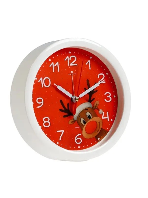 Будильник Будильник "Новогодний олень", плавный ход, d=15см, красный, корпус белый