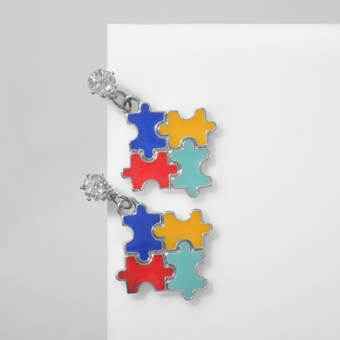 Серьги эмаль «Пазл», цветные в серебре Серьги эмаль «Пазл», цветные в серебре