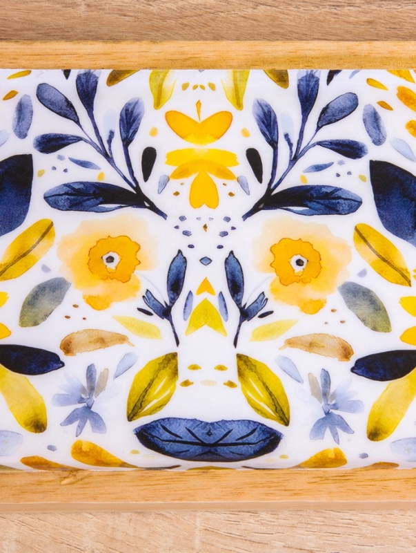 Блюдо прямоугольное "Желтые и синие цветы" дерево манго 41х15 см