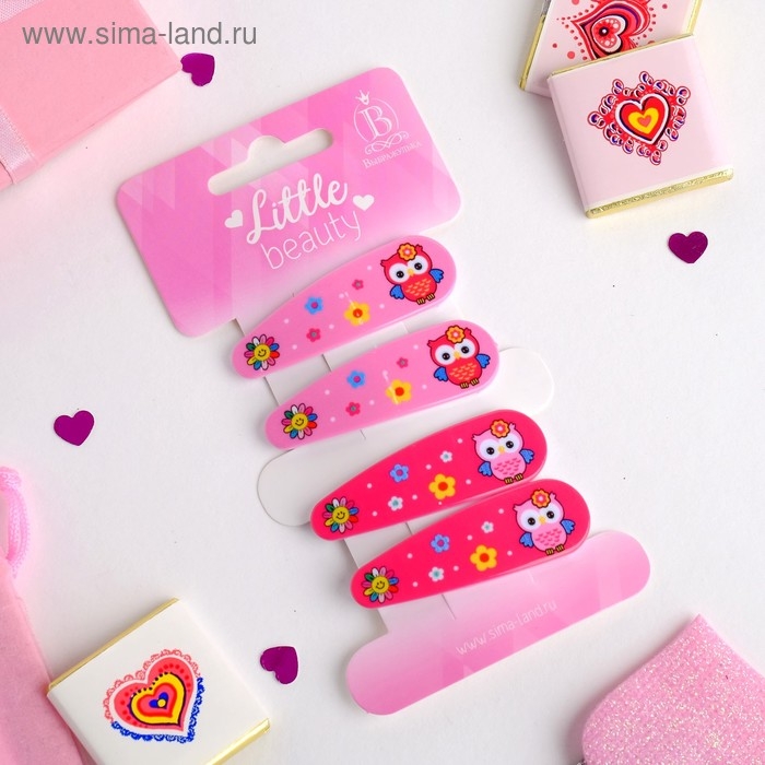 Невидимка для волос  Невидимка для волос "Весёлый глянец" (набор 4 шт) совушки 5 см, розовый