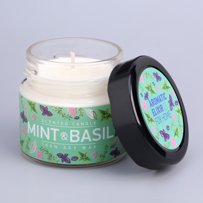 Свеча ароматическая в банке  Свеча ароматическая в банке "Базилик и мята ", совый воск, 80 г