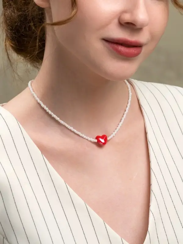 Чокер из бисера &laquo;Сердце&raquo;, L=45 см, белый, красный в золоте
