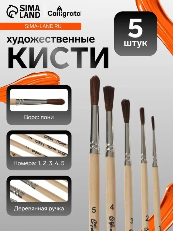 Набор кистей для рисования, пони, 5 штук: № 1, 2, 3, 4, 5, Calligrata, круглые, деревянная ручка, в пакете