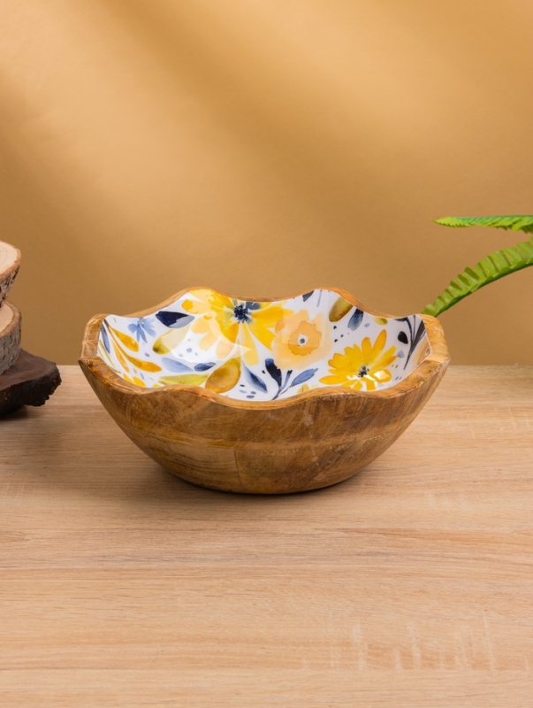 Салатник "Желтые и синие цветы" дерево манго 20х20х8 см