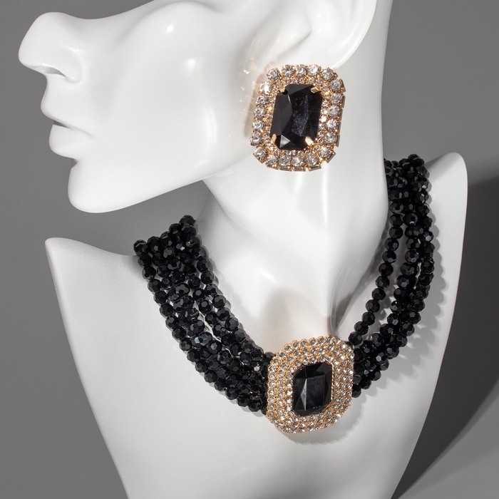 Набор 2 предмета; серьги, колье «Роскошь» крупный камень, цвет чёрный в золоте, 42 см Набор 2 предмета; серьги, колье «Роскошь» крупный камень, цвет чёрный в золоте, 42 см