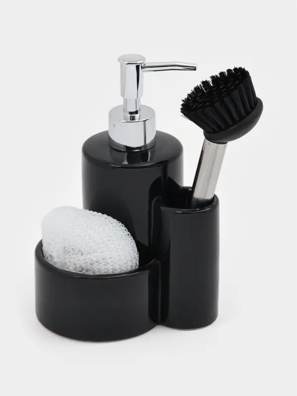 Дозатор для моющего средства Доляна &laquo;Милитари&raquo;, 370 мл, с губкой и щёткой, чёрный