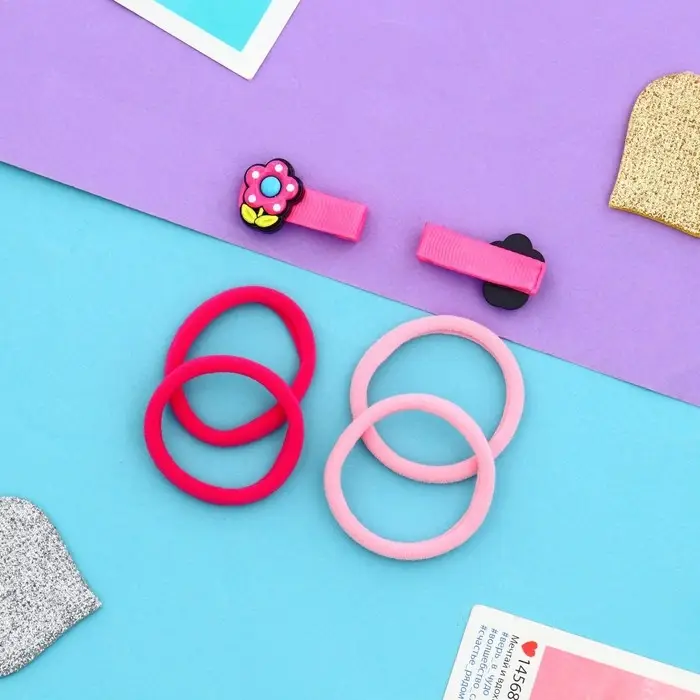 Набор для волос "Крохотуля" (4 резинки, 2 зажима 3,5 см) цветочек, розовый