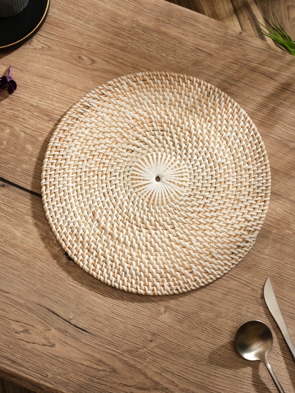 Коврик сервировочный плетеный круглый ротанг, 30х30х0,5 см, белый