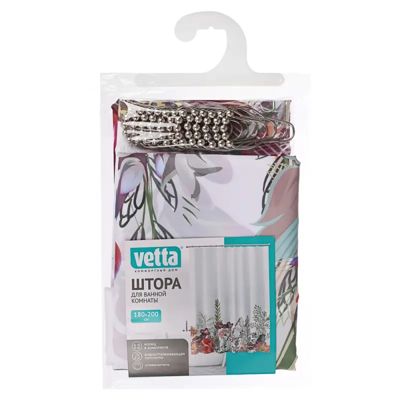VETTA Шторка для ванной, с утяжелителем, полиэстер, 90 г/м2, 180x200см, Цветы, 055