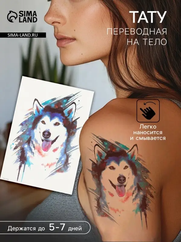 Переводная тату на тело цветная «Хаски», 21×14.8 см