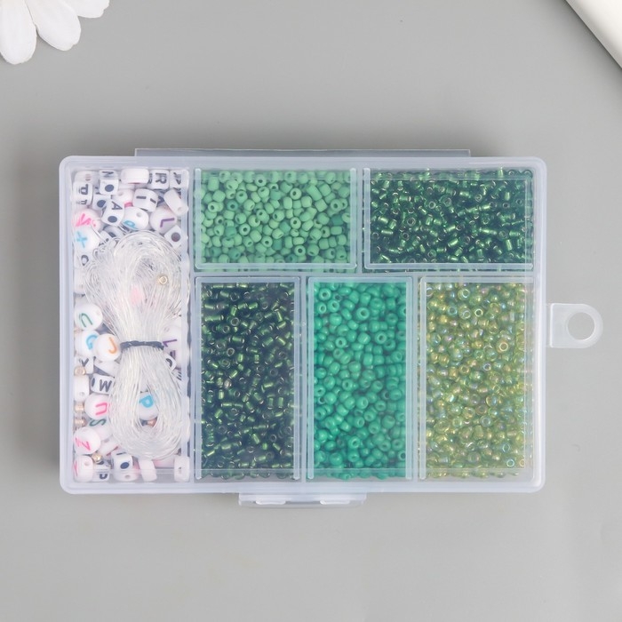 Бисер стекло 8/0 в шкатулке  Бисер стекло 8/0 в шкатулке "Зелёный" бусины + нить 0,8 мм 5 м 12х8,4х2,2 см