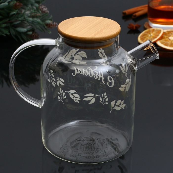 Новый год. Чайник заварочный стеклянный с бамбуковой крышкой «С Новым годом! Время чудес», 1700 мл Новый год. Чайник заварочный стеклянный с бамбуковой крышкой «С Новым годом! Время чудес», 1700 мл