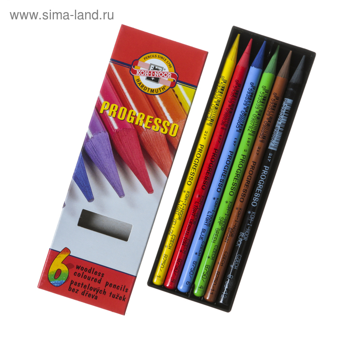 Карандаши художественные 6 цветов, Koh-I-Noor PROGRESSO 8755, цветные, цельнографитные, в картонной коробке Карандаши художественные 6 цветов, Koh-I-Noor PROGRESSO 8755, цветные, цельнографитные, в картонной коробке