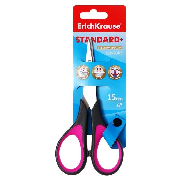 Ножницы ErichKrause Standard+, 15 см, антискользящие резиновые вставки, улучшенная заточка, блистер, МИКС Ножницы ErichKrause Standard+, 15 см, антискользящие резиновые вставки, улучшенная заточка, блистер, МИКС