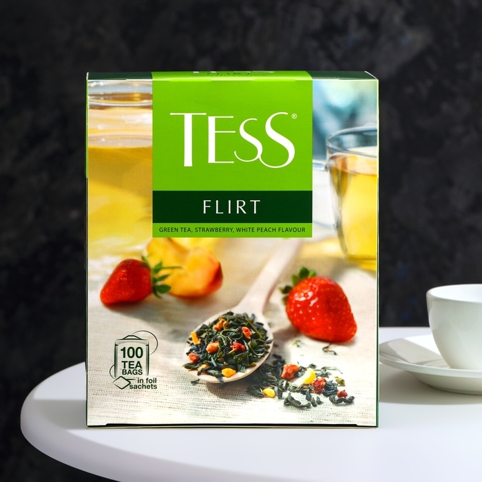 Чай зелёный TESS FLIRT со вкусом клубники и белого персика, 150 г Чай зелёный TESS FLIRT со вкусом клубники и белого персика, 150 г