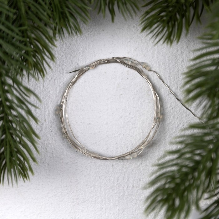 Гирлянда «Нить» 1 м роса. IP20, нить серебристая, 10 LED, 4.6 В, AG13x3 (в комплекте), 3 режима, свечение синее