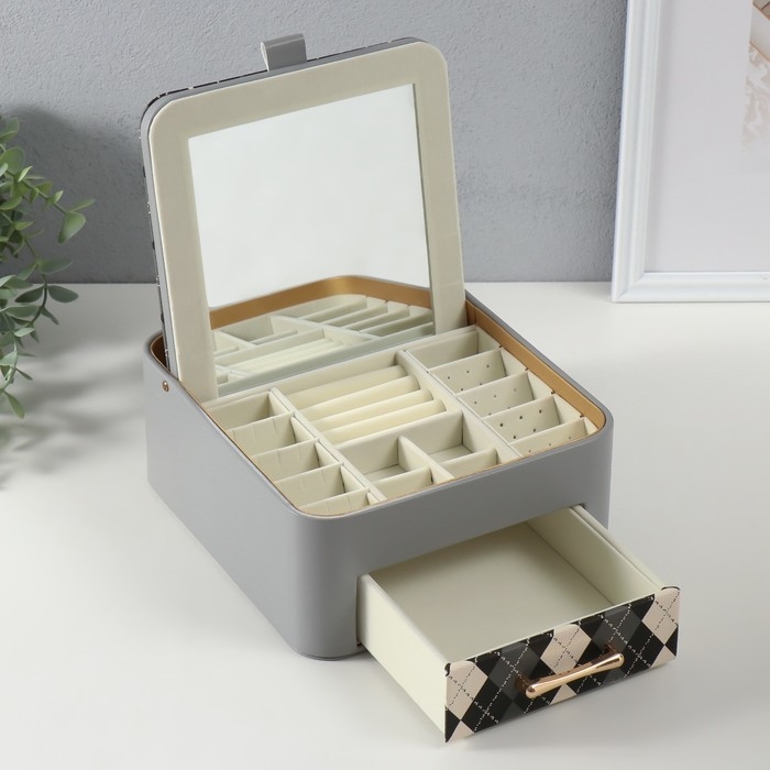 Шкатулка кожзам для украшений  Шкатулка кожзам для украшений "Клетка" серая 20х22,5х9,5 см