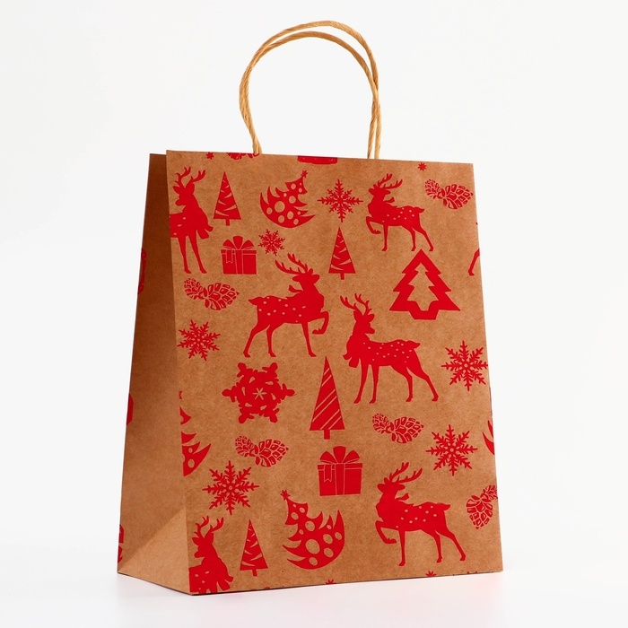 Пакет крафт с тиснением, круглая ручка, Пакет крафт с тиснением, круглая ручка, "Лес" 33 х 25 х 12 см, 120 г