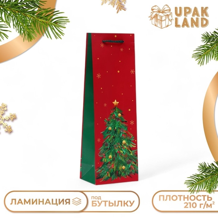Новый год. Пакет подарочный новогодний под бутылку, упаковка  Новый год. Пакет подарочный новогодний под бутылку, упаковка "Ёлка", 12 х 36 х 8,5 см.