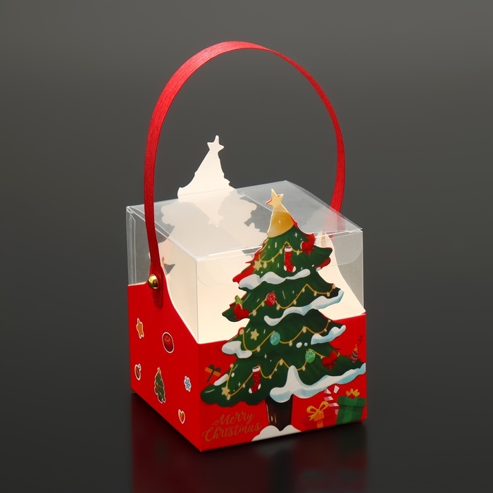Новый год. Коробка подарочная новогодняя складная ПВХ с ручками, Новый год. Коробка подарочная новогодняя складная ПВХ с ручками, "Заснеженная Ёлка", 9 х 9 х 9,5 см.